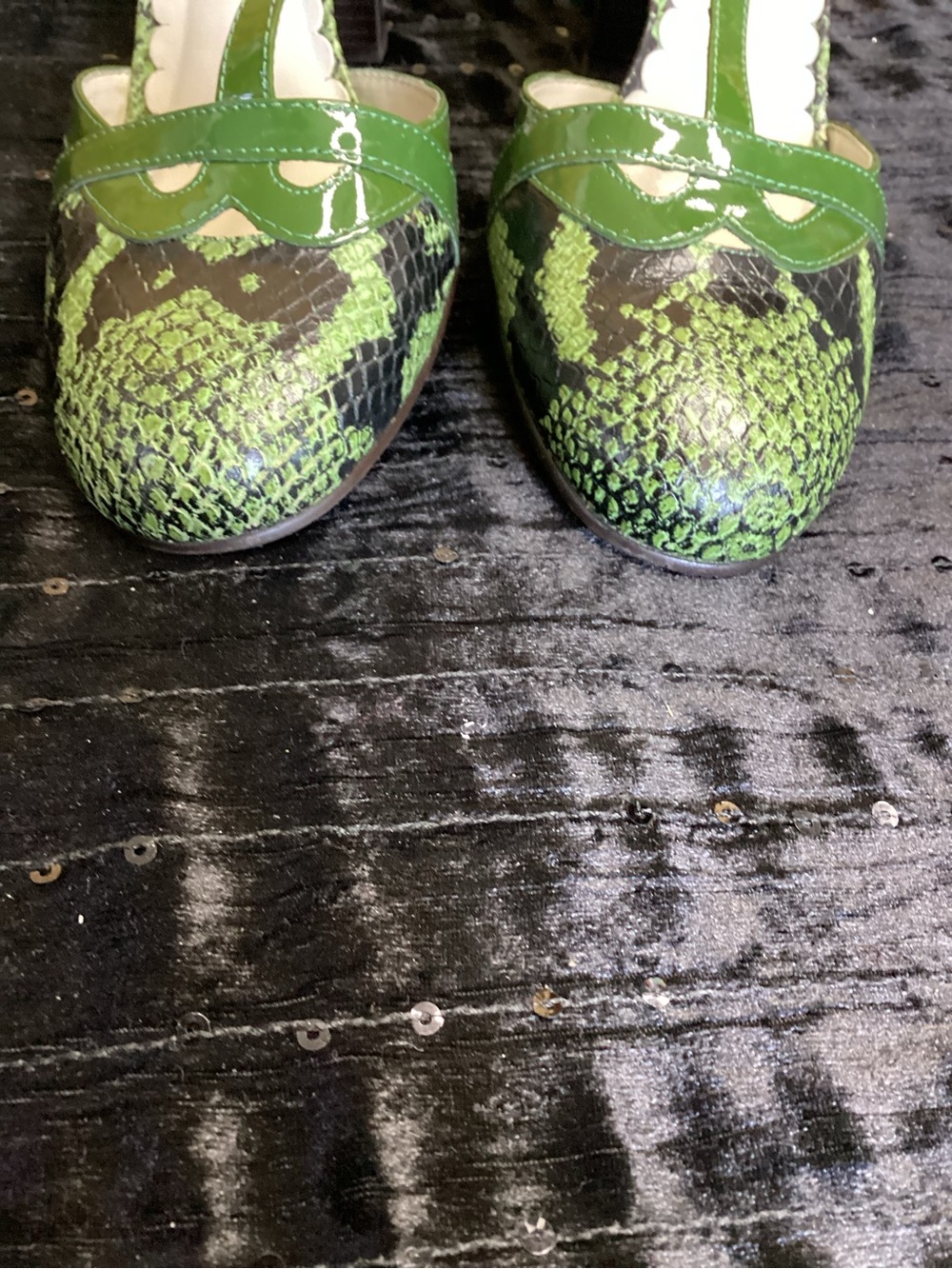 Vintage Franco Sarto Green Snake-Print T-Strap Heels 8M - Picture 10 of 14